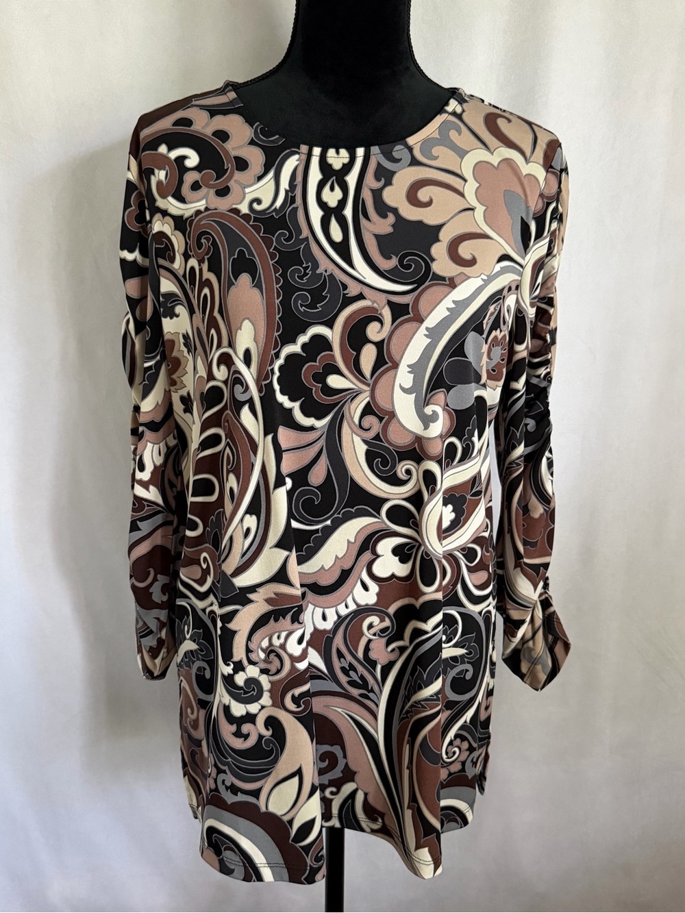 Susan Graver Blouse Womens Medium Multicolor Paisley Ruched Sleeve Tunic Retro
